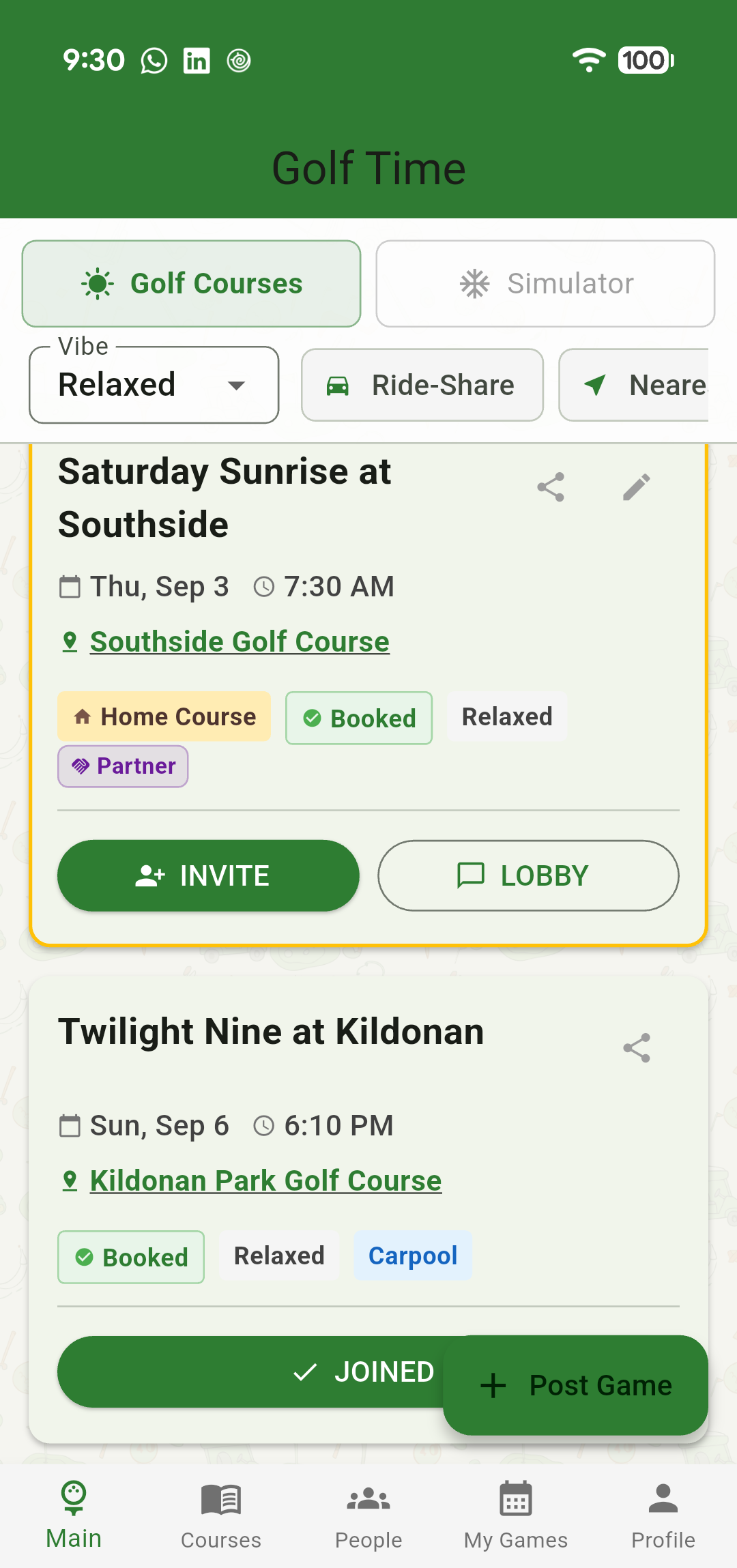 Golf Time game feed showing open rounds near Winnipeg